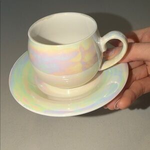 Iridescent Pearl White Teacup and Saucer Set